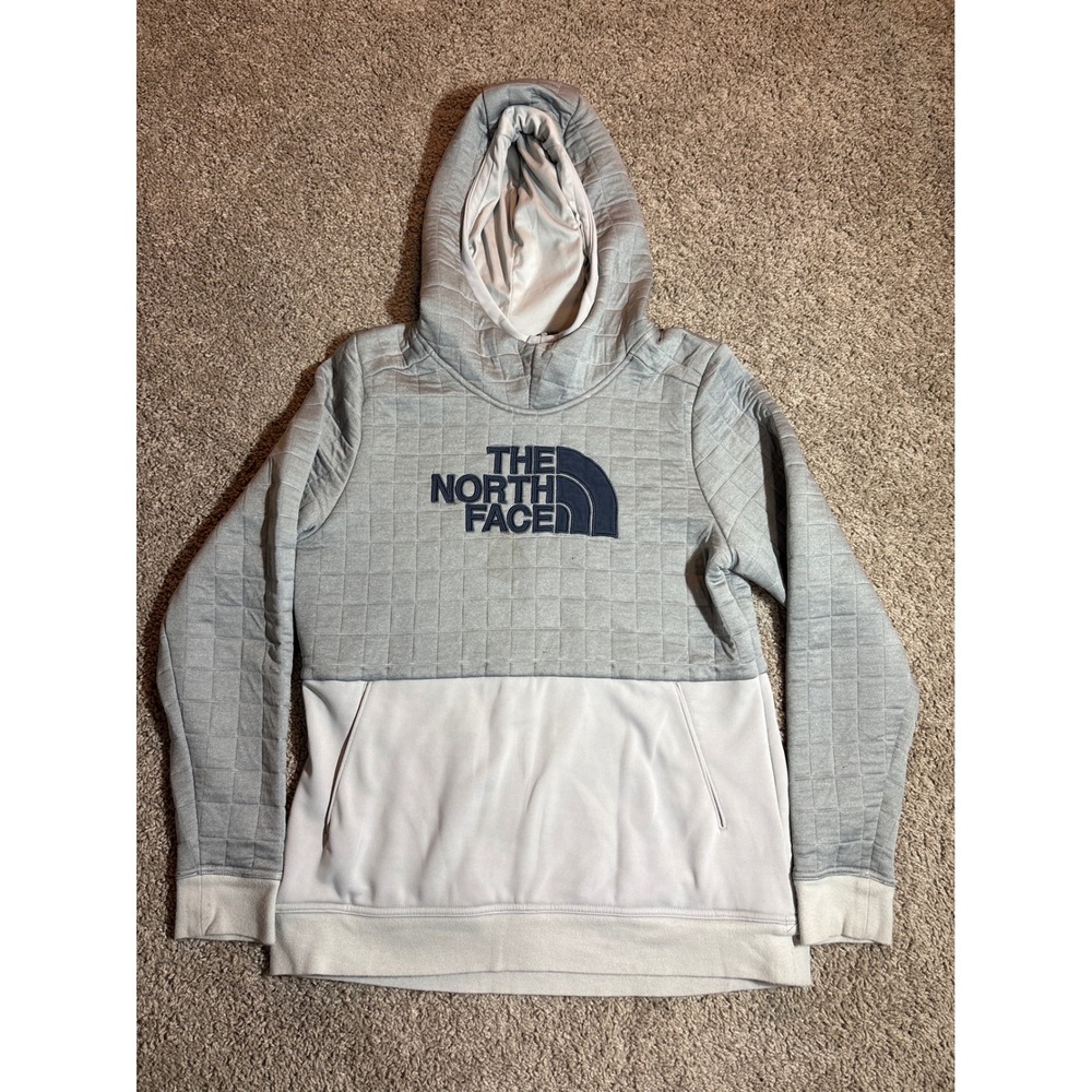 The North Face Womens Large Quilted Pullover Hoodie Grey Navy Blue Sweatshirt